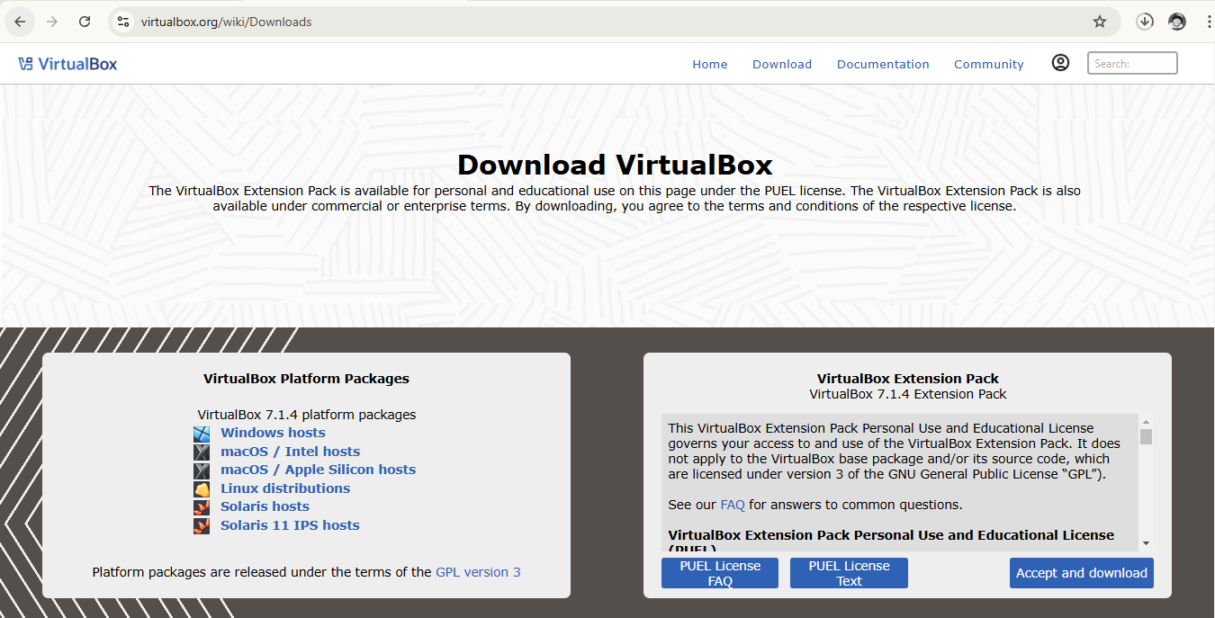 Site d'installation de VirtualBox